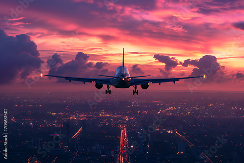 Airplane is flying in colorful sky over the city at night. Landscape with passenger airplane, skyline, purple sky with red and pink clouds. Aircraft is landing at sunset. Aerial view. Transport