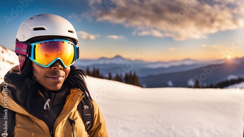 A girl in ski gear in the mountains. An African-American athlete. © Nikolay