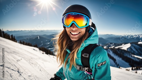 Blonde girl in ski gear in the mountains. A blonde in a helmet and glasses in the mountains, an alpine skier.