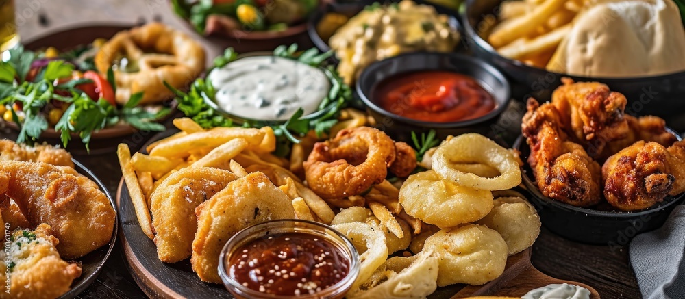 Assorted street food platter with mozzarella sticks, wings, rings, fries, and dip.