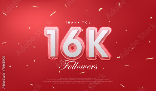 Red background for 16k followers celebration.