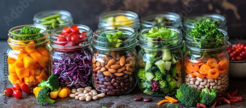 Salads with veggies, fruits, beans, quinoa in a jar for toning, focusing on choice.