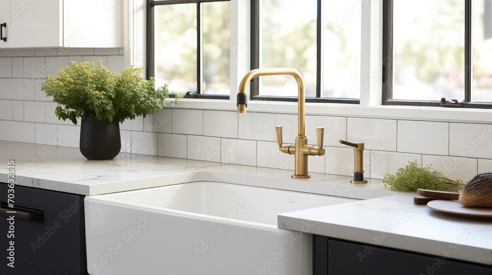A beautiful sink in a remodeled modern farmhouse kitchen with a gold ...
