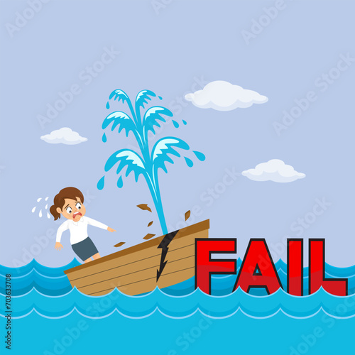 Businesswoman in a sinking boat with collides with word fail. illustration vector cartoon.