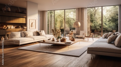 Beautiful large living room interior with hardwood floors, fluffy rug and designer furniture. © kashif 2158