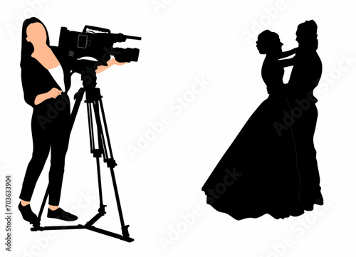 vector silhouette of man and woman posing for photographer in front of camera. Photo session for wedding day.