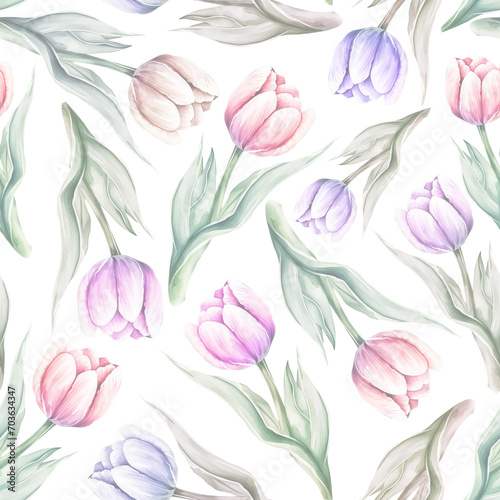 Watercolor Tulips seamless pattern  spring flowers