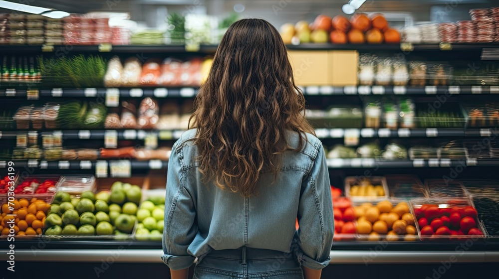Beautiful young american woman shopping in supermarket and buying groceries and food products in the store.