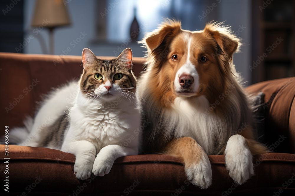 Dog and cat sitting on sofa Dog and cat sitting on sofa