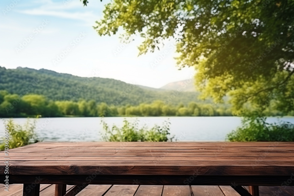 Wooden table for picnic with river view background Wooden table for picnic with river view background