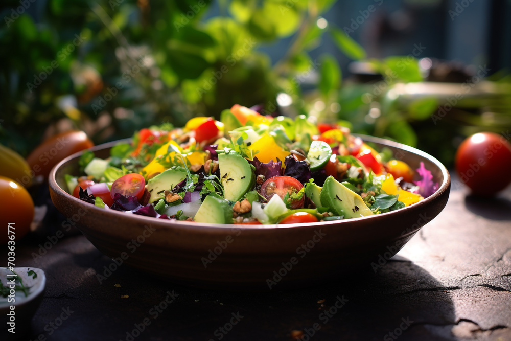 Fresh mixed vegetable salad on wood table