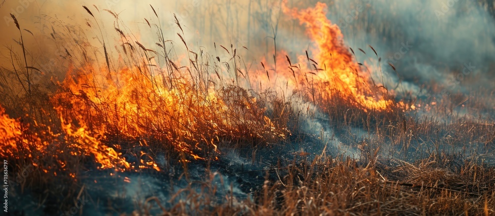 Wild fire burning dried grass on field during the day. Smoking and emitting flame, smoke, and ash. Ecological disaster impacting the environment, contributing to climate change and ecological - obrazy, fototapety, plakaty 
