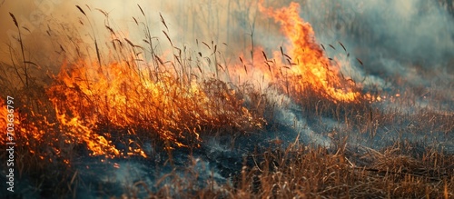 Wild fire burning dried grass on field during the day. Smoking and emitting flame, smoke, and ash. Ecological disaster impacting the environment, contributing to climate change and ecological photo
