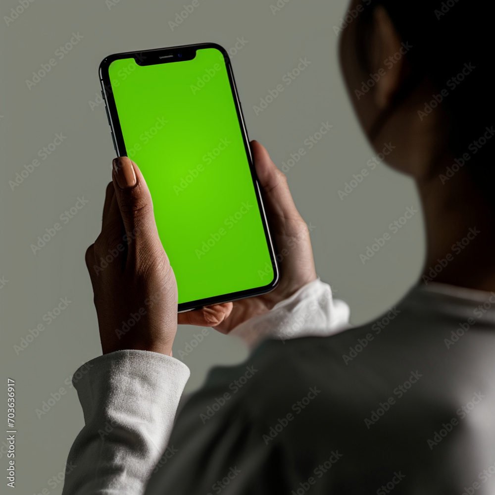 スマートフォンを触る女性の様子 グリーンバック クロマキーGenerativeAI