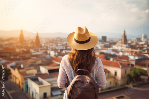 Back of woman with backpage travel on holiday photo