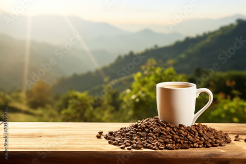 Hot coffee cup on table with mountain view photo