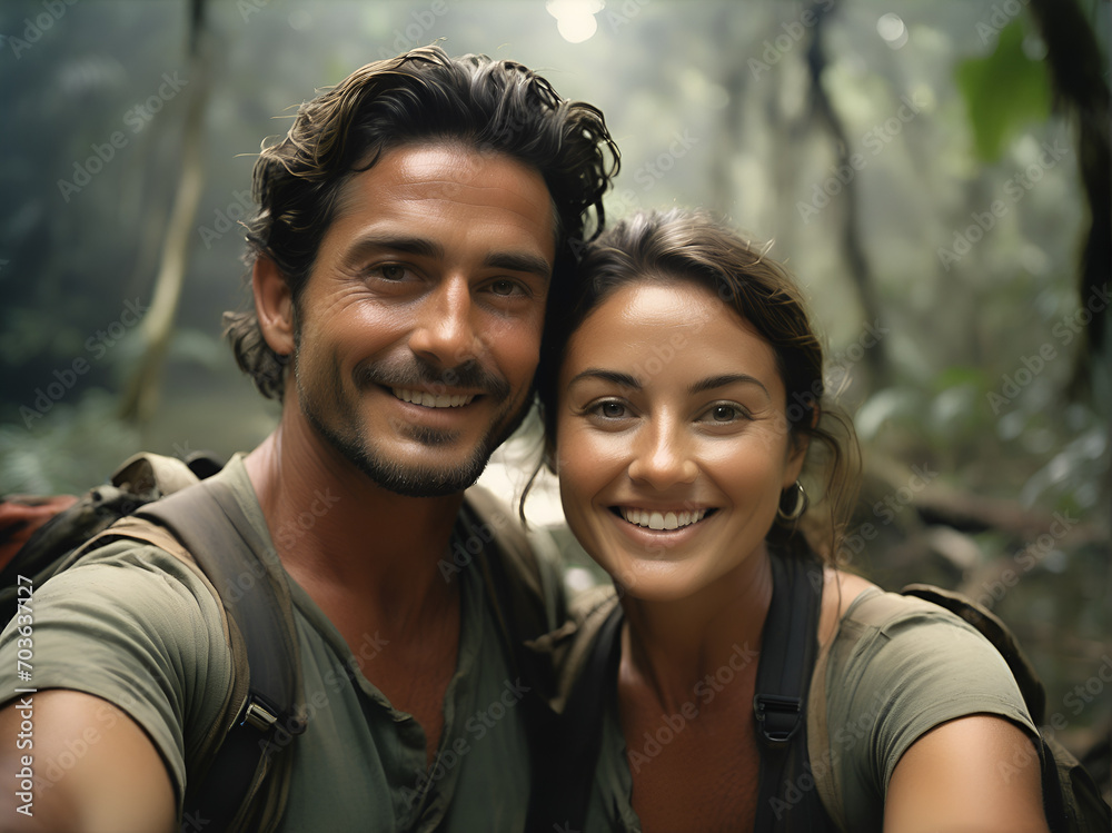 Selfie of a couple in front of a beautiful landscape on holidays Selfie of a couple in front of a beautiful landscape on holidays