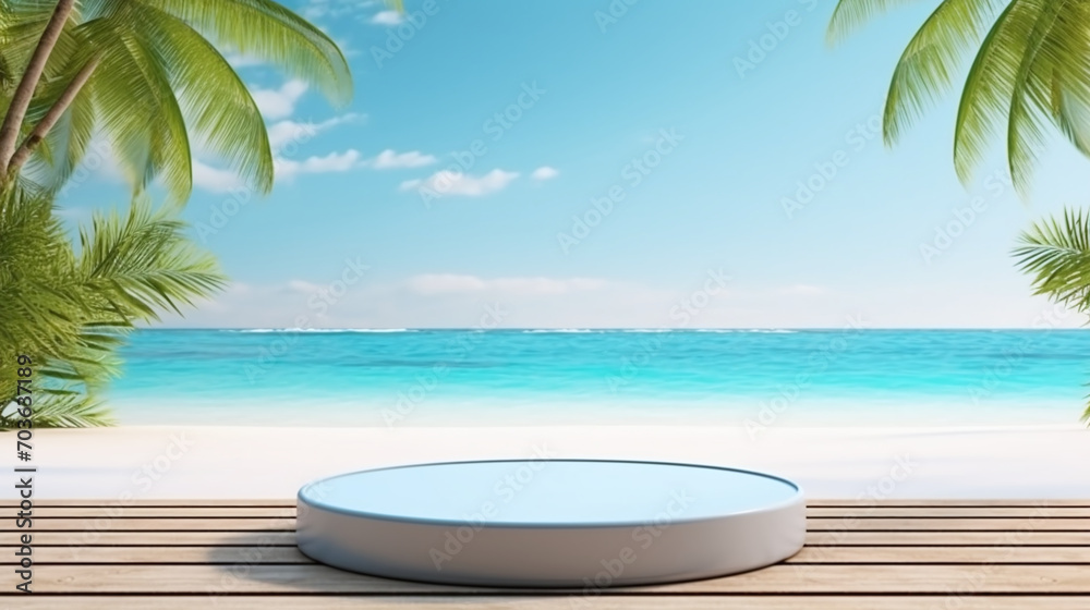 Elegant product presentation podium on a beach backdrop, ideal for showcasing luxury goods. AI Generative