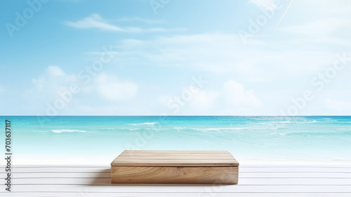 Beachfront wooden podium for product display, perfect for showcasing items in a tropical setting. AI Generative © Julia