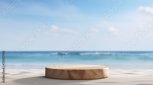 Elegant wooden podium on a serene beach backdrop for product display, ideal for summer-themed marketing and event showcases. AI Generative