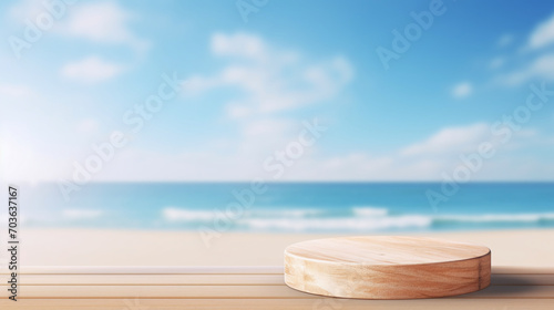 Elegant wooden presentation podium on a bright beach background, ideal for showcasing products AI Generative
