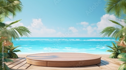 Tropical beach wooden presentation podium on sunny seaside backdrop, ideal for product display AI Generative photo