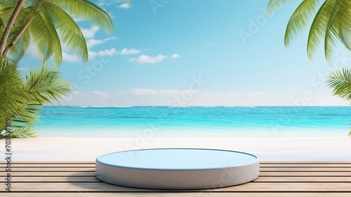 Elegant product presentation podium on a beach backdrop, ideal for showcasing luxury goods. AI Generative