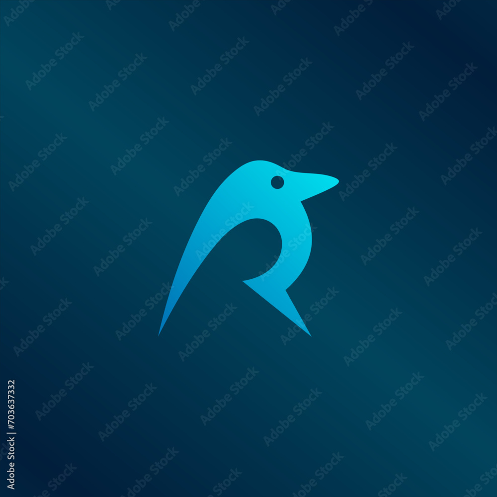 
simple R letter penguin logo design, bird vector template