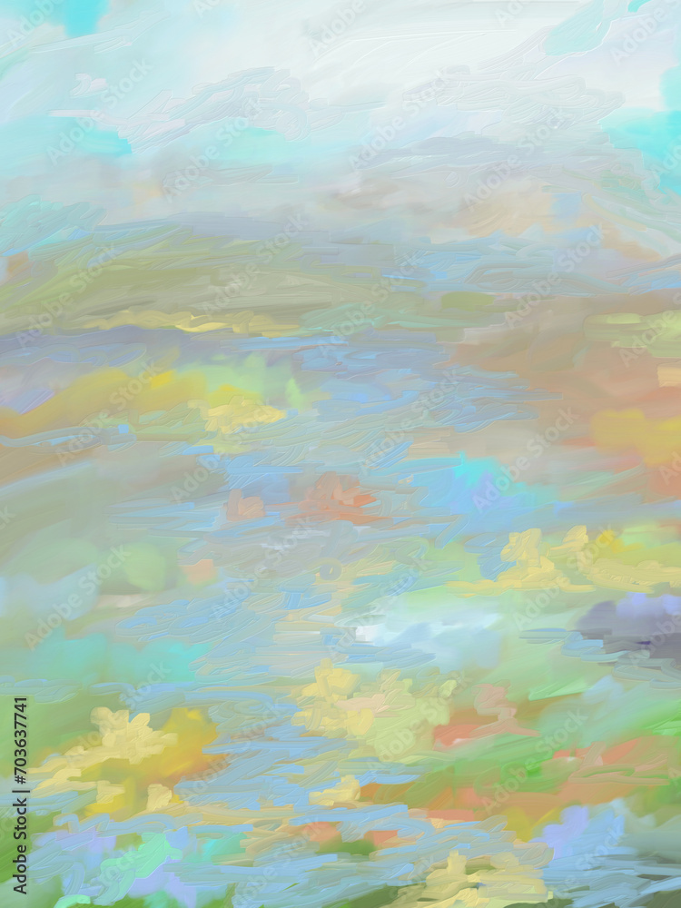 Impressionistic Meandering Stream or Brook in the Meadow or Valley in Light Green, Aqua, Orange, & Yellow-Digital Painting, Art, Artwork, Design, Illustration