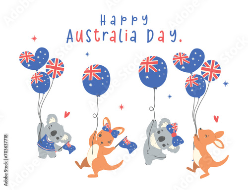Photography Australia Day banner, group of animal baby kangaroos and koalas cartoon animal w