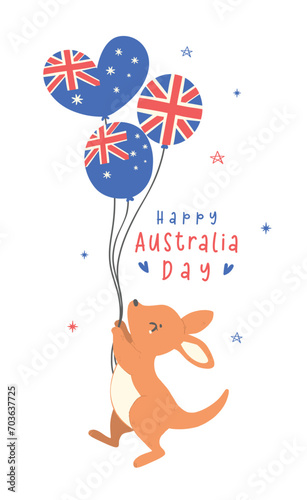 Australia day with adorable baby kangaroo cartoon animal with balloons flag.