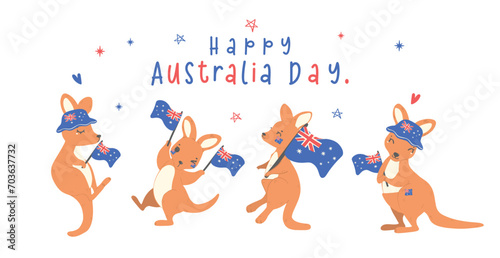 Group of Australia day with adorable baby kangaroos cartoon animal with balloons and flag.