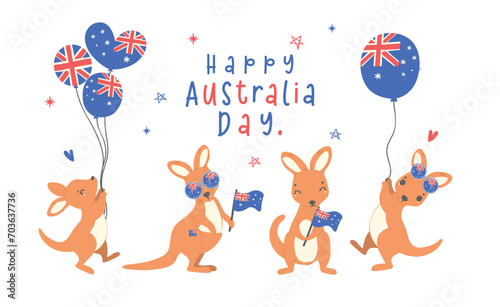 Group of Australia day with adorable baby kangaroos cartoon animal with balloons and flag.