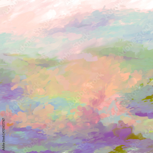 Impressionistic Meadow or Valley Landscape in Bloom in Green, Coral, Lavender Purple, Orange, & Pink Yellow Digital Painting, Art, Artwork, Design, Illustration