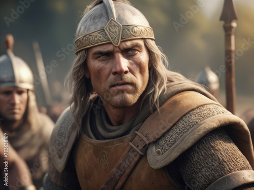 Anglo-Saxon Warrior - a realistic virtual portrait of an ancient warrior in battle with warm and golden hues Gen AI photo