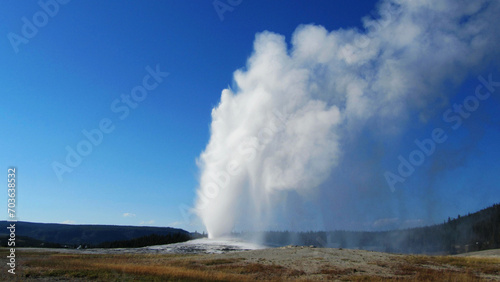 Spectacular panoramic views at Old Faithful Geyser in Yellowstone National Park  Wyoming Montana. Great hiking. Summer wonderland to watch wildlife and natural landscape. Geothermal.