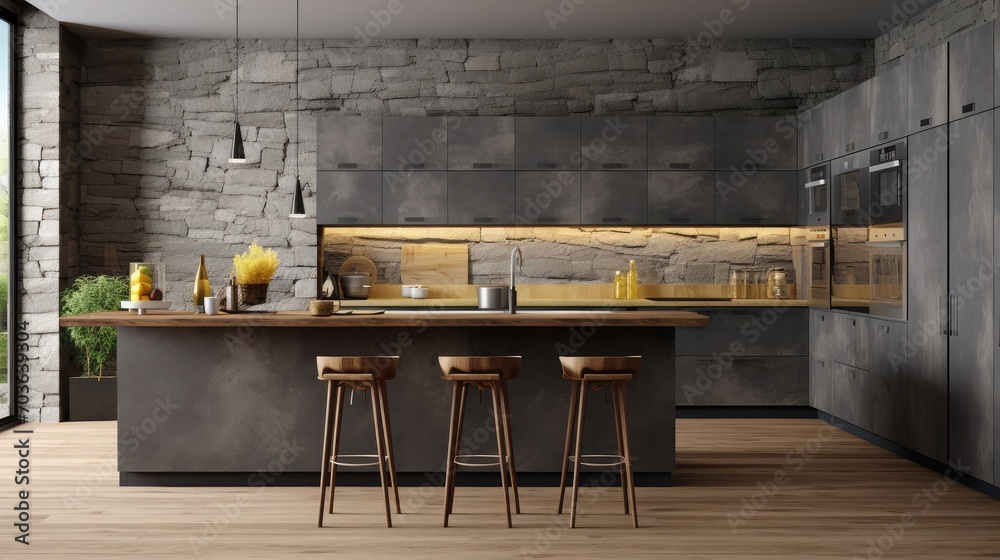 View of Interior of stylish kitchen with gray and stone walls, grey countertops ...