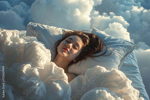 Woman sleep floating on a bed in a dreamy cloud-filled sky.
