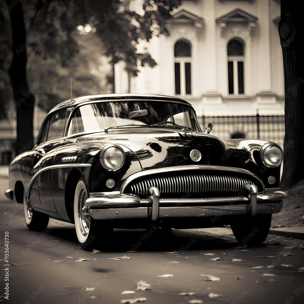 A black and white photo of a classic car.