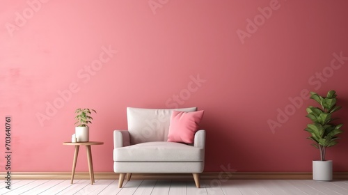 Pink and red armchair in warm living room interior with pillows on settee against the wall with poster photo