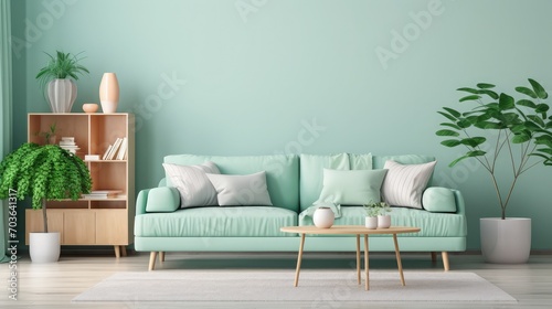 Stylish interior design of living room with modern mint sofa, wooden console, cube, coffee table, lamp, plant, mock up poster frame, pillows, plaid, decoration and elegant accessories in home decor.
