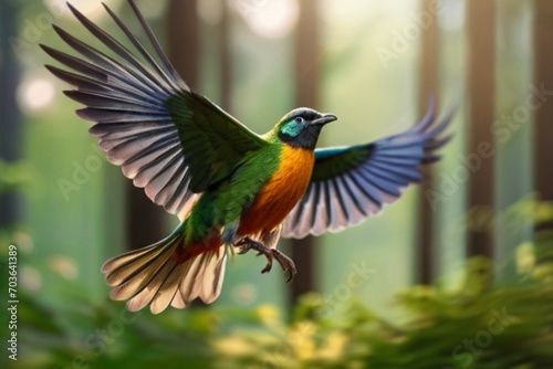 A colorful bird flying. AI image