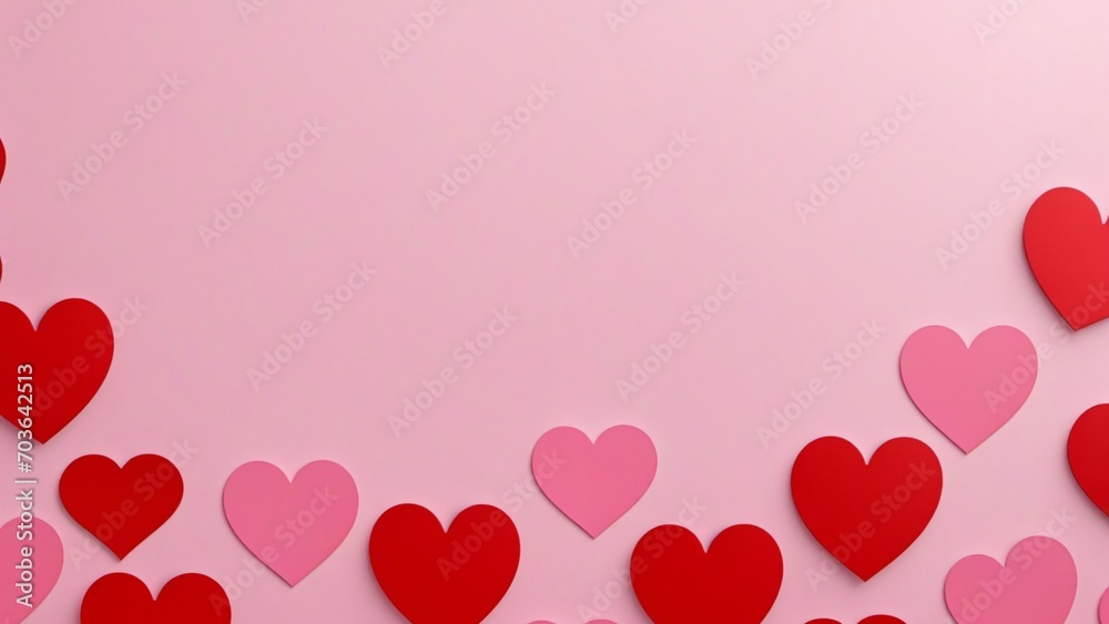 Valentine day background with red hearts on pink background