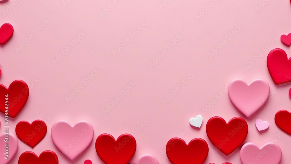 Valentine day background with red hearts on pink background