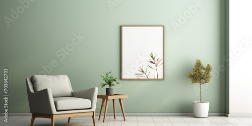 Minimalist room features a sleek  green chair and chic decor  exuding modern comfort