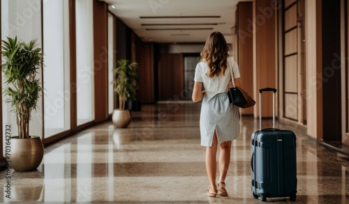 ourist woman with luggage in hotel after check-in. Conceptual of travel and vacation from AI Generative photo