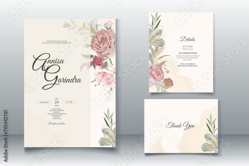 Elegant wedding invitation cards template with pink and blush roses design Premium Vector
