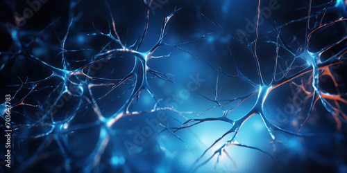 Glowing blue neurons transmitting signals in the expanse of a dark brain