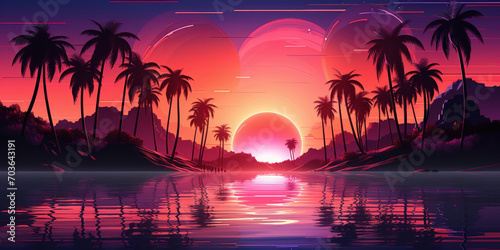 Neon sunset reflects on calm waters  with silhouettes of palm trees and a distant planet