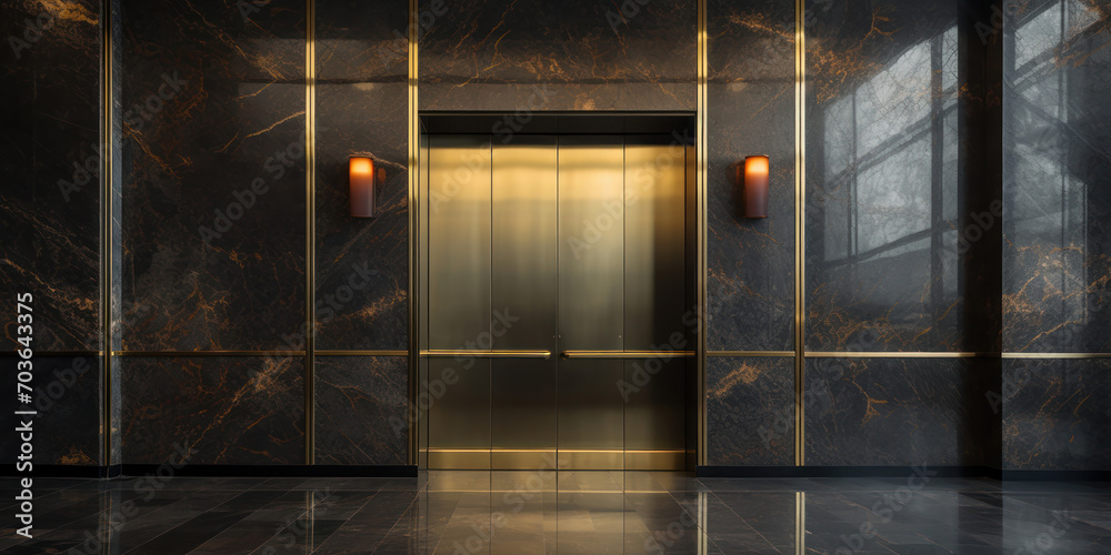 Polished metal elevator doors contrast with the dark, veined marble of an opulent lobby - obrazy, fototapety, plakaty 